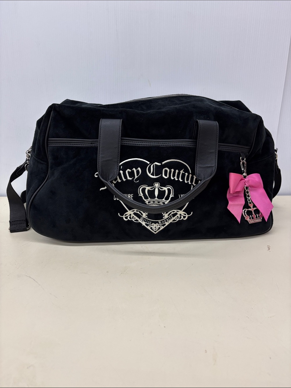 Juicy Couture Black Velour Weekender Bag with Pink Bow Charm